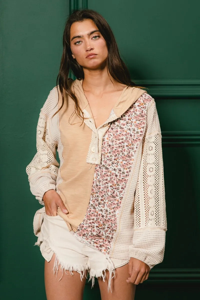 Slub Jersey with Lace Combo Buttoned Hoodie Top
