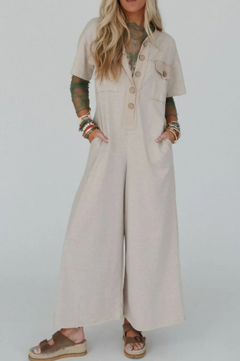 Pocket Front Short Sleeve Wide Leg Jumpsuit