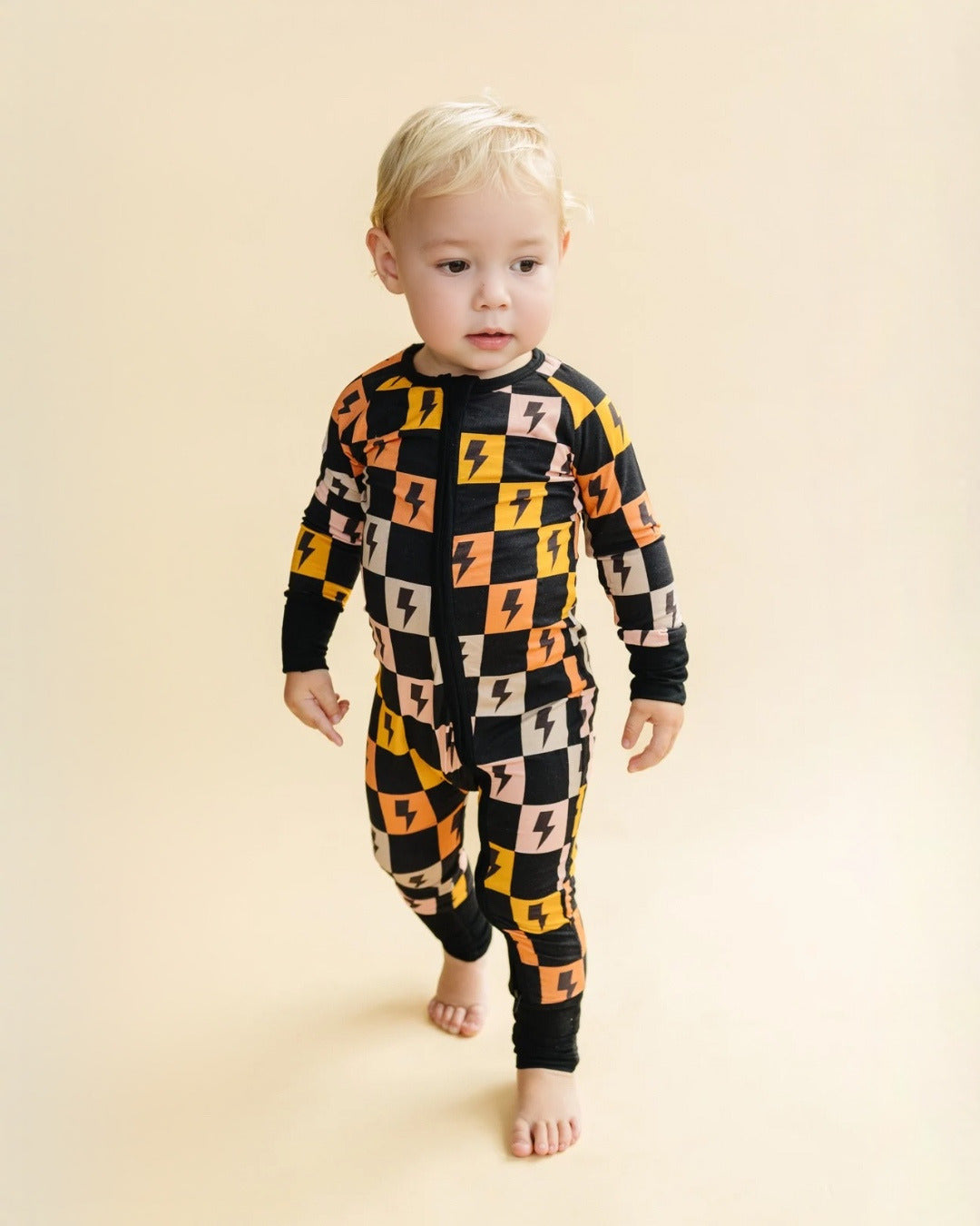 Colorful Checks & Bolts Bamboo Zip Romper
