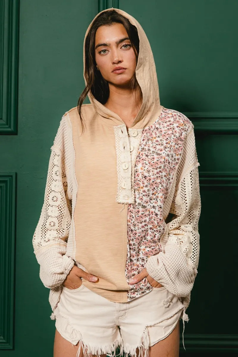 Slub Jersey with Lace Combo Buttoned Hoodie Top