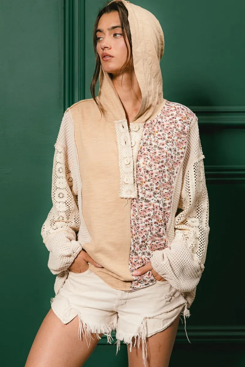 Slub Jersey with Lace Combo Buttoned Hoodie Top