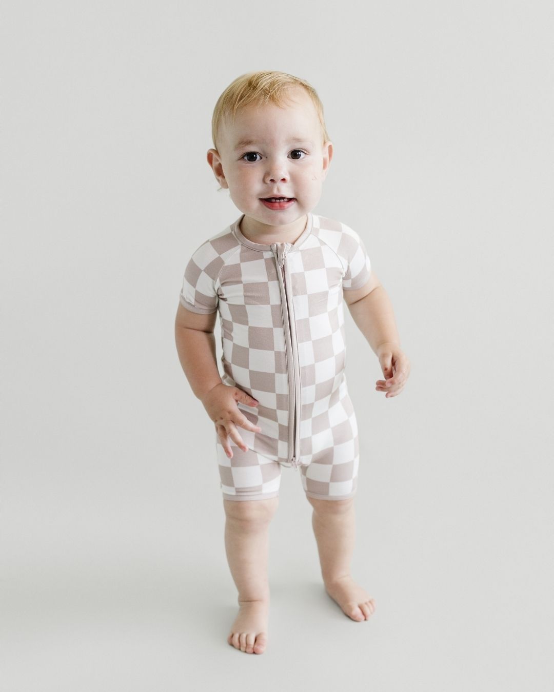 Shorty Romper | Latte Checkered