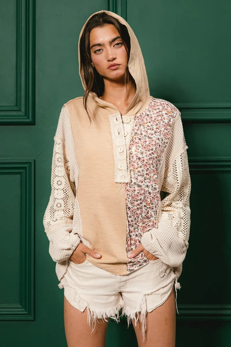 Slub Jersey with Lace Combo Buttoned Hoodie Top