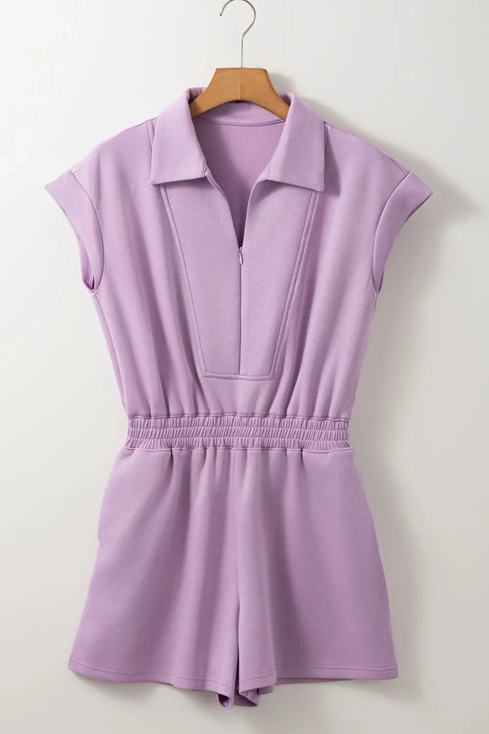 Short Sleeve Zipper Collared Elastic High Waist Romper