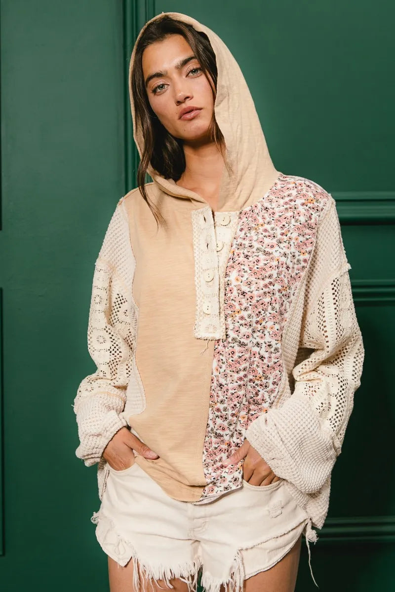 Slub Jersey with Lace Combo Buttoned Hoodie Top