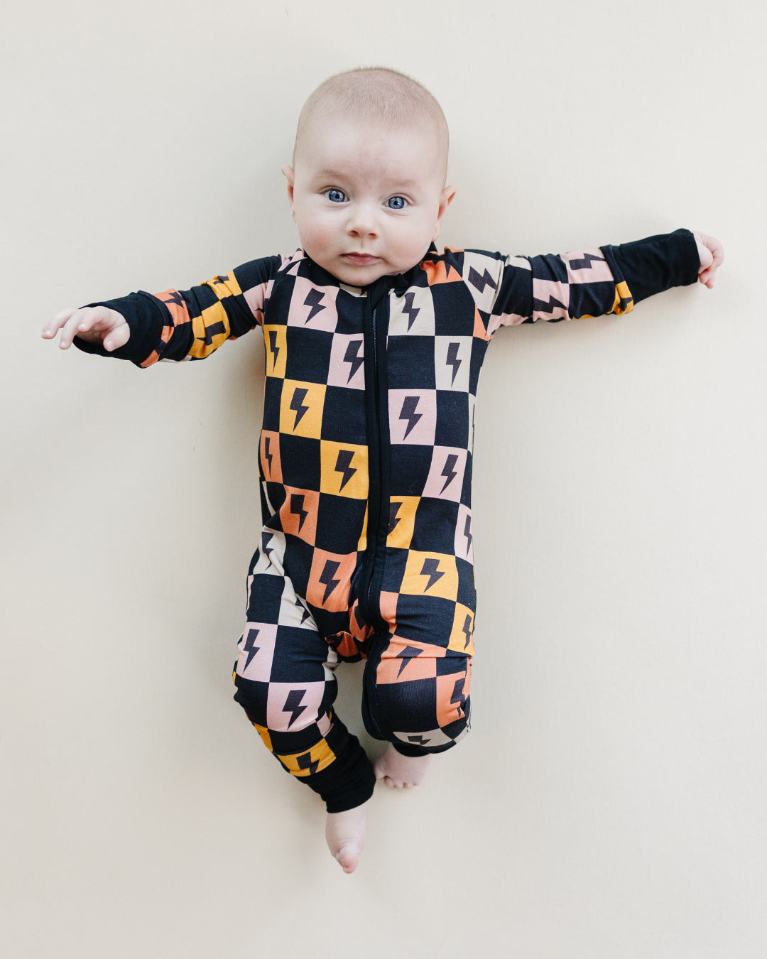 Colorful Checks & Bolts Bamboo Zip Romper