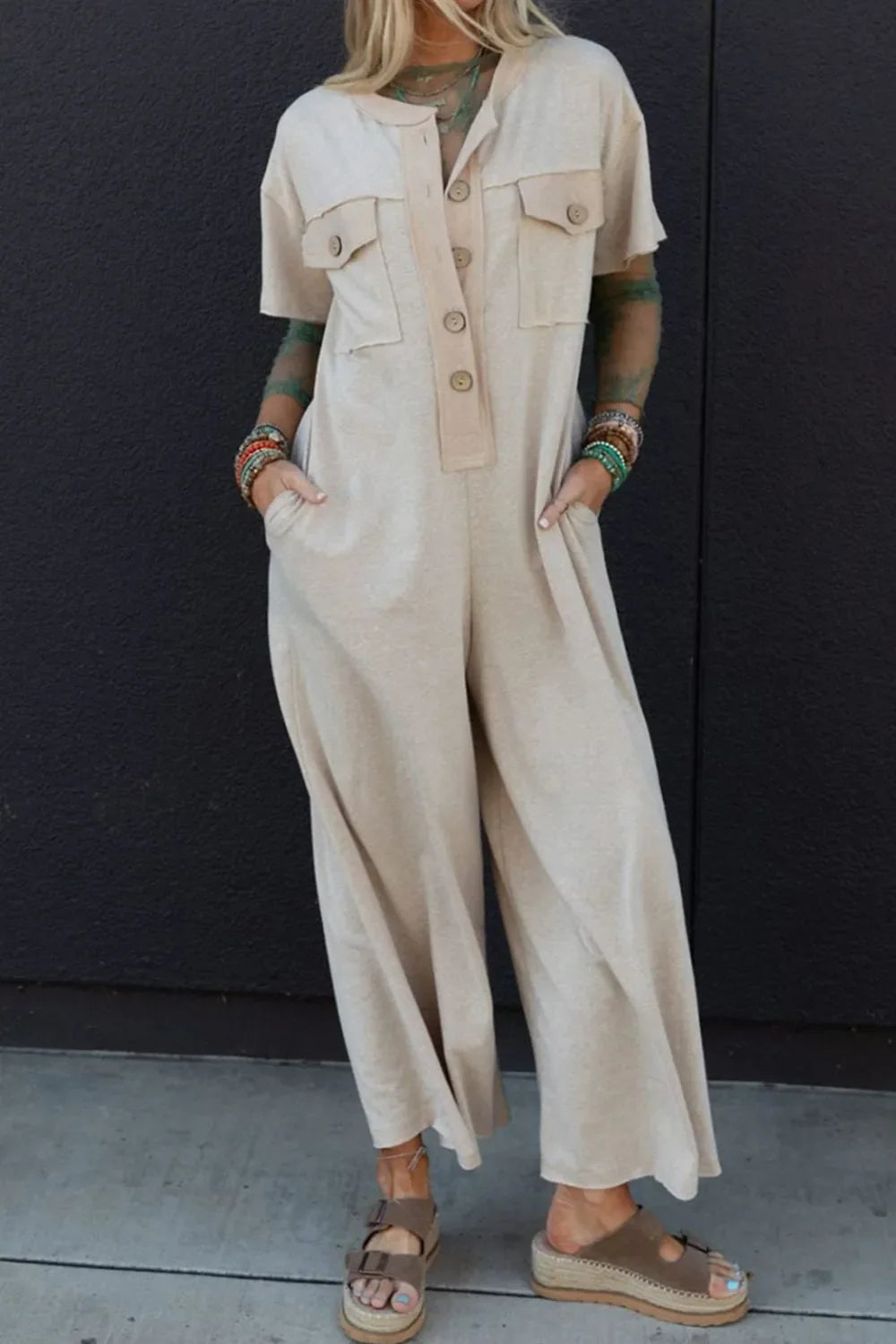 Pocket Front Short Sleeve Wide Leg Jumpsuit