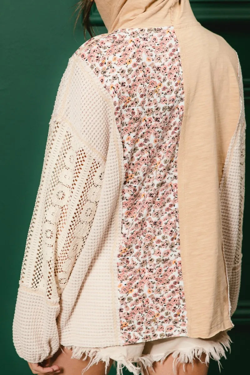 Slub Jersey with Lace Combo Buttoned Hoodie Top