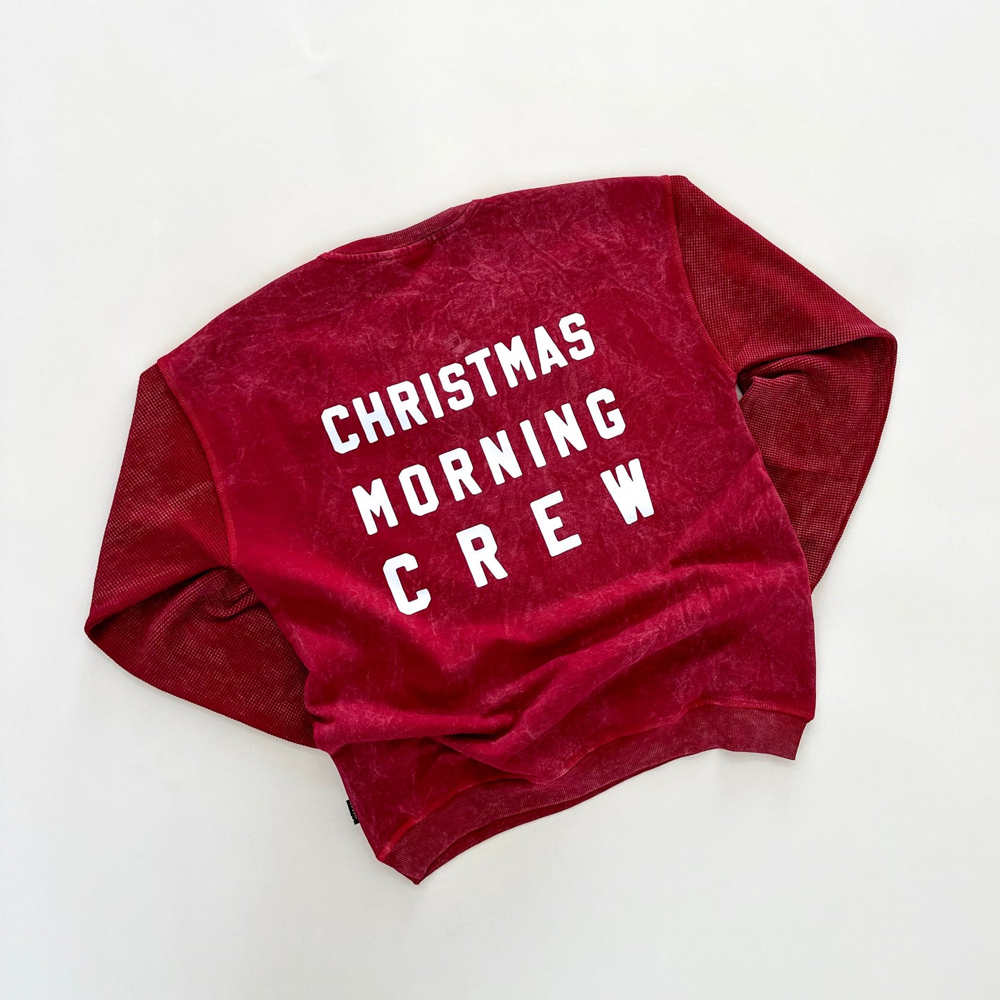 Christmas Morning Crew Waffle Sleeve Crewneck - Ruby