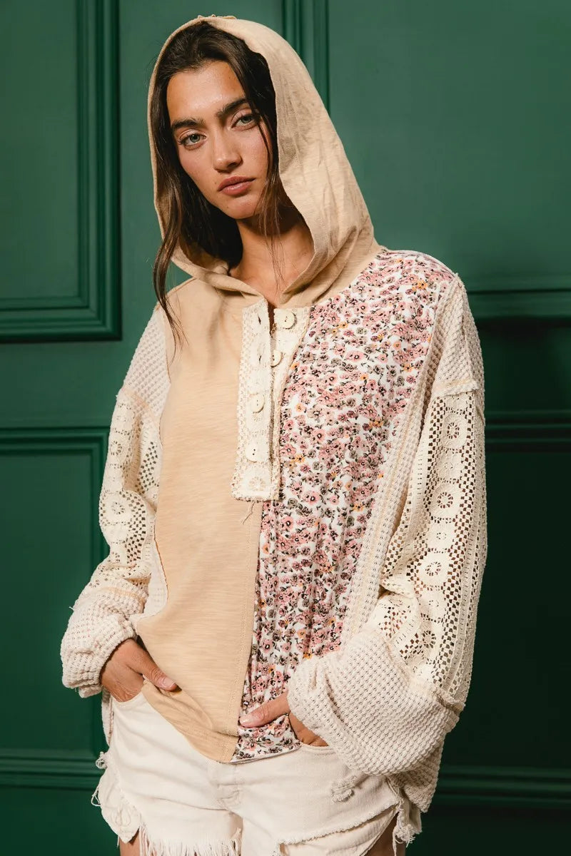 Slub Jersey with Lace Combo Buttoned Hoodie Top