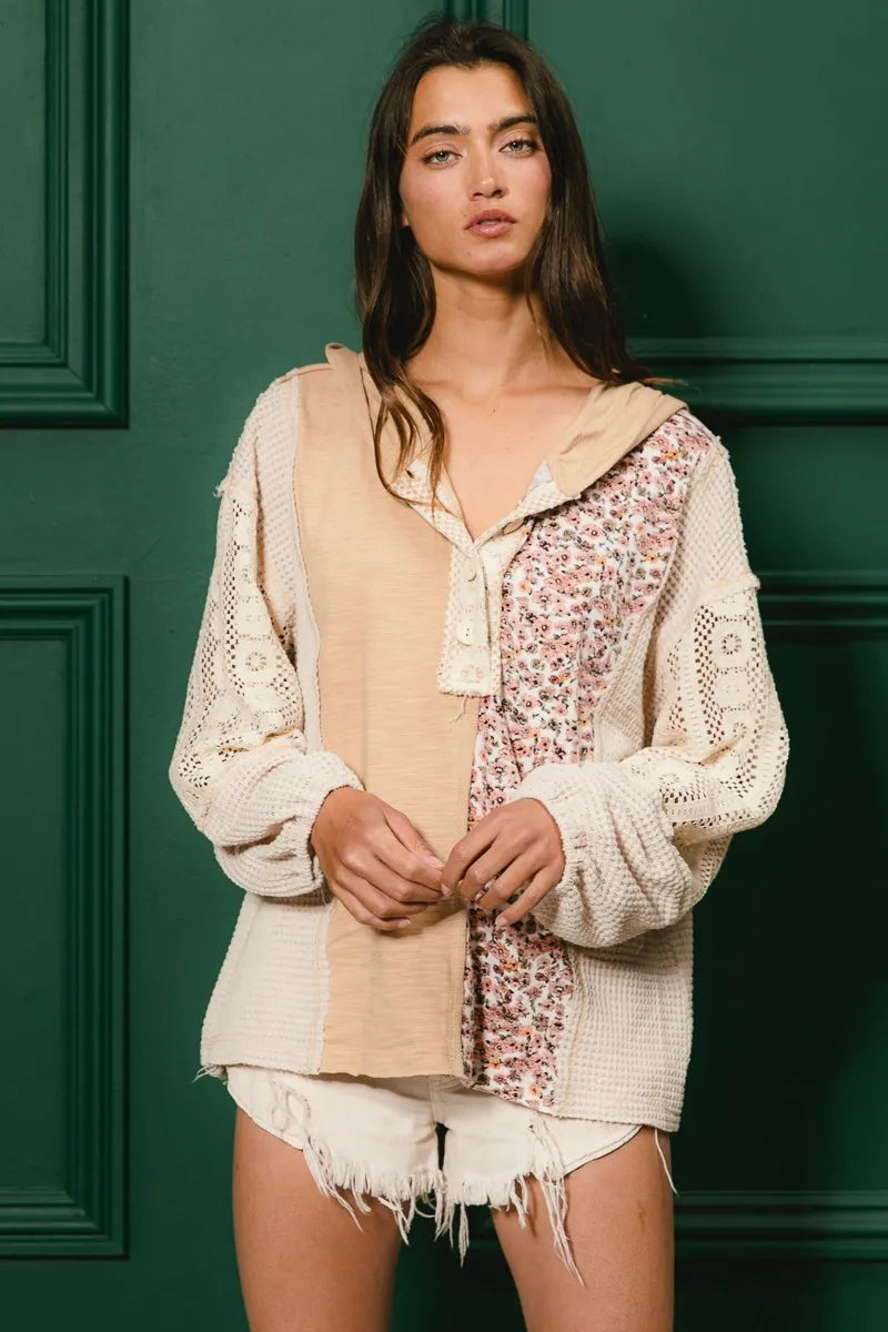 Slub Jersey with Lace Combo Buttoned Hoodie Top