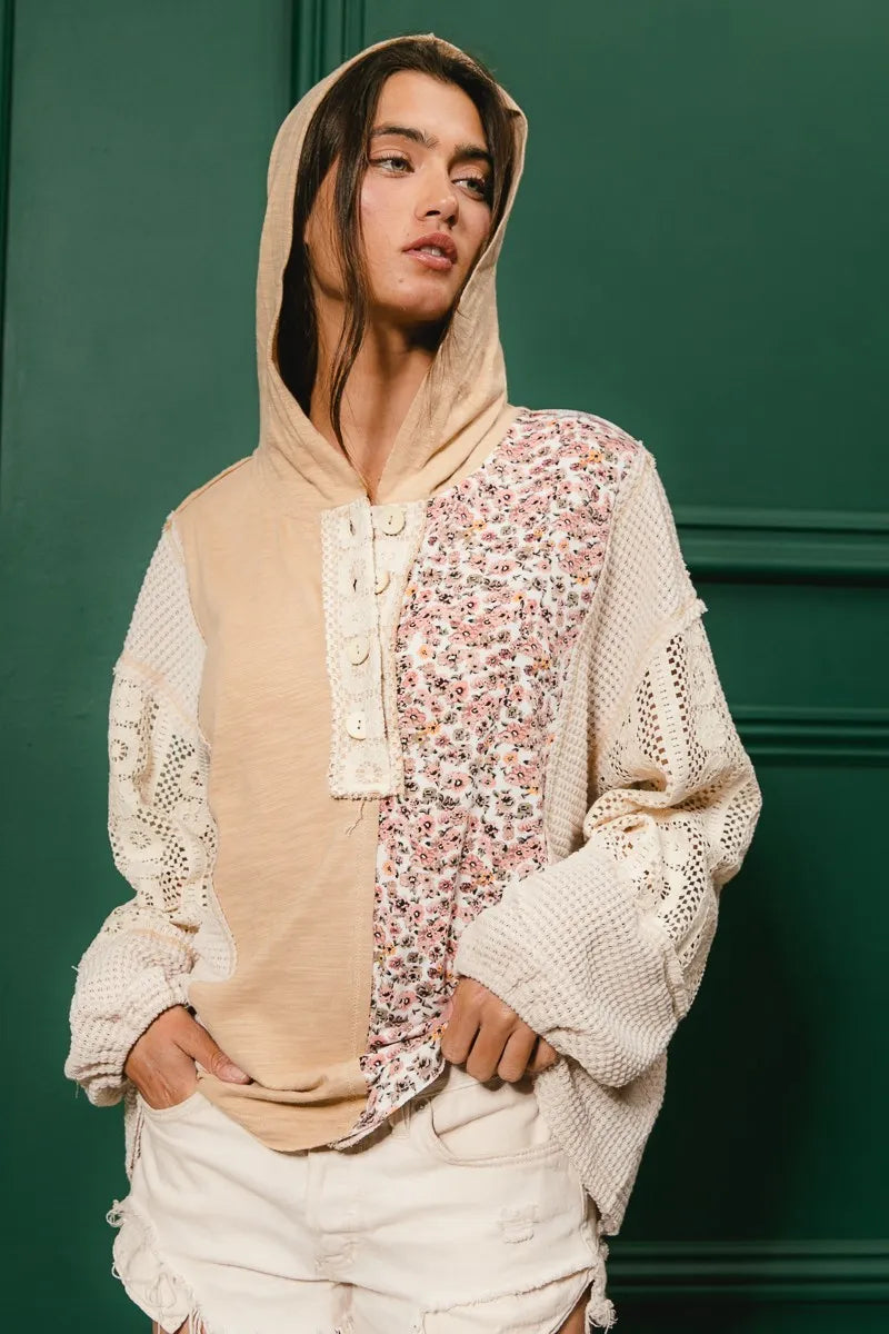 Slub Jersey with Lace Combo Buttoned Hoodie Top