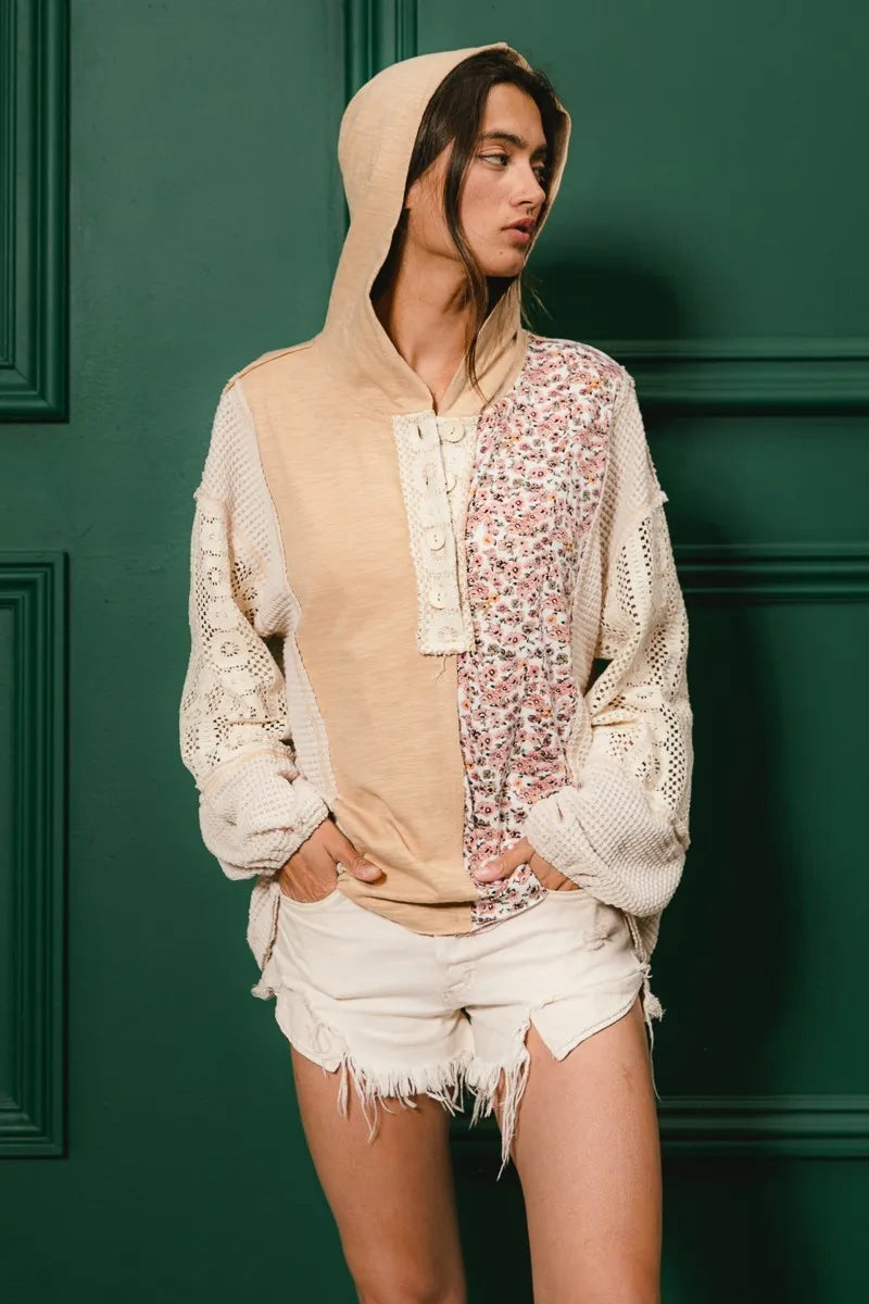 Slub Jersey with Lace Combo Buttoned Hoodie Top