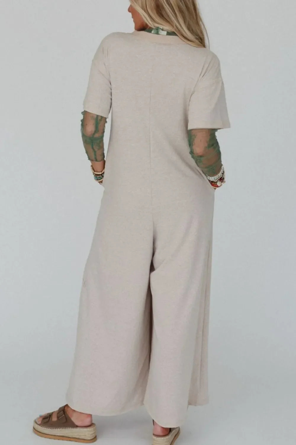 Pocket Front Short Sleeve Wide Leg Jumpsuit
