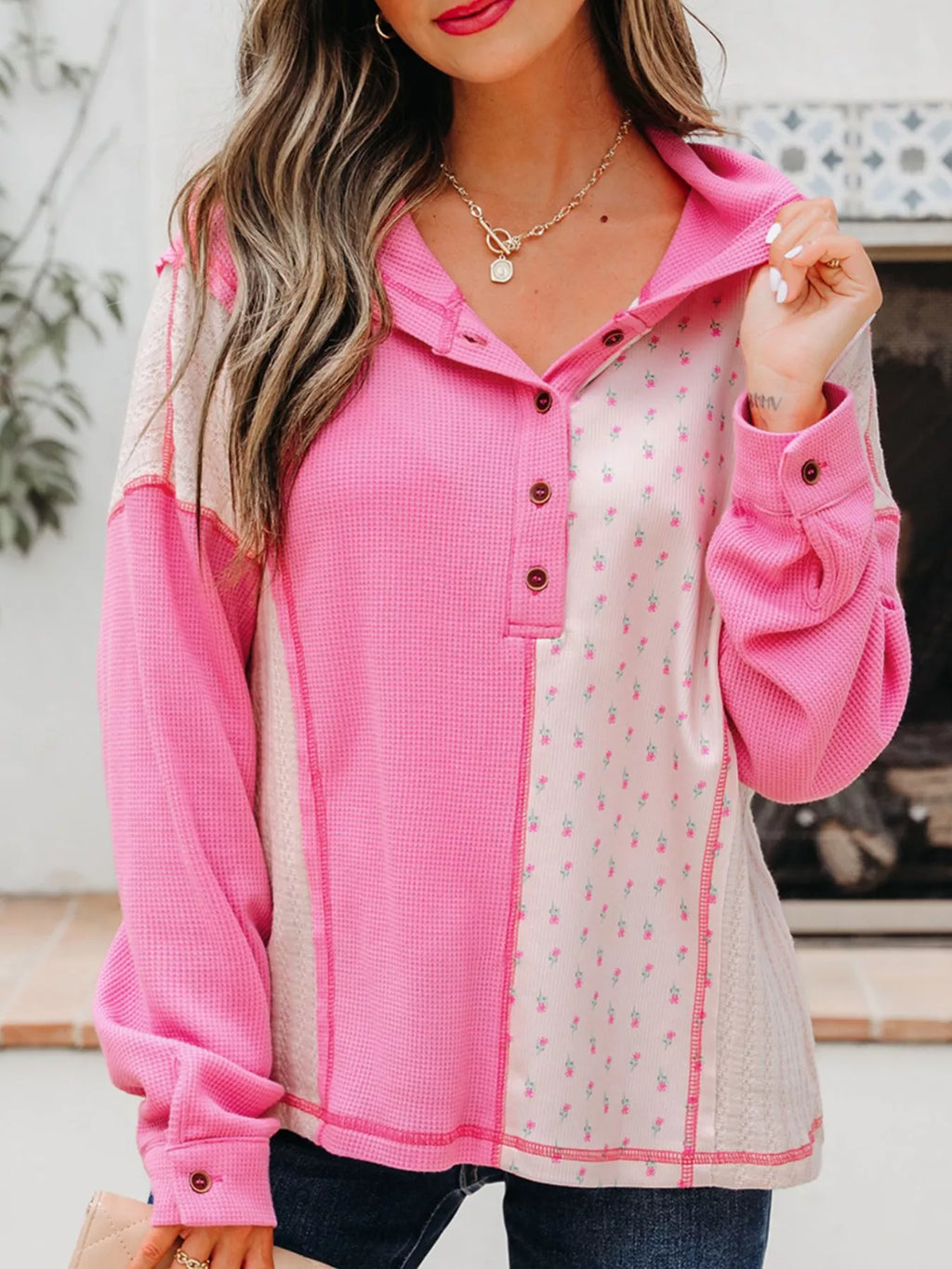 Waffle Floral Patchwork Hooded Oversize Pullover