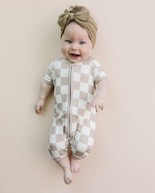 Shorty Romper | Latte Checkered