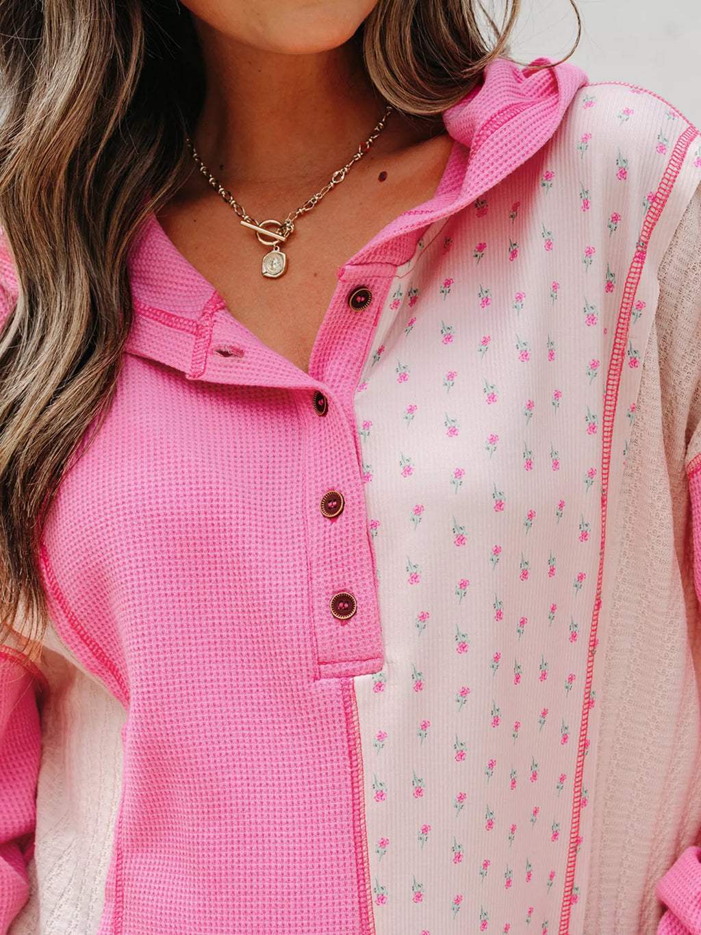 Waffle Floral Patchwork Hooded Oversize Pullover