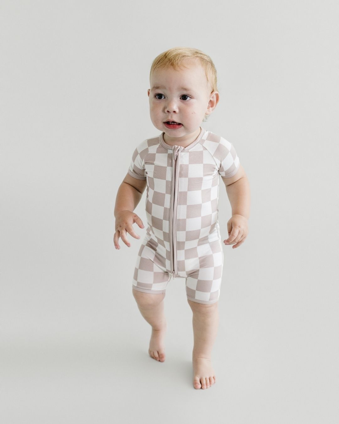 Shorty Romper | Latte Checkered