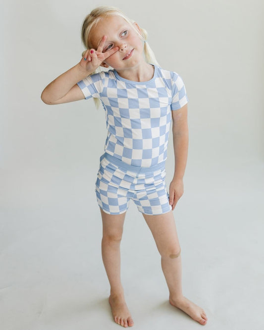 Two Piece Shorts Set | Blue Checkered