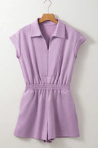 Short Sleeve Zipper Collared Elastic High Waist Romper