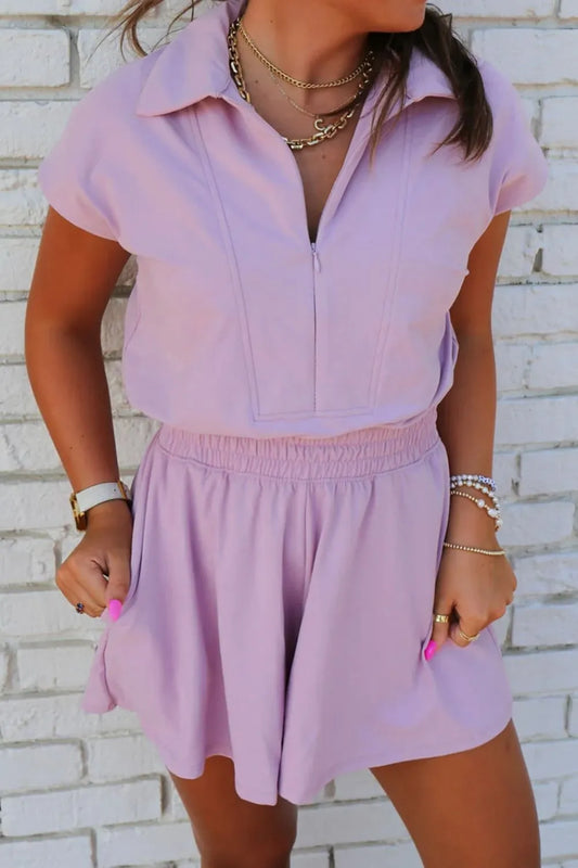 Short Sleeve Zipper Collared Elastic High Waist Romper
