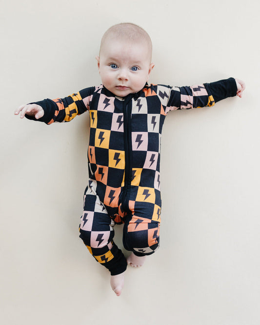 Colorful Checks & Bolts Bamboo Zip Romper
