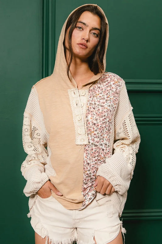 Slub Jersey with Lace Combo Buttoned Hoodie Top