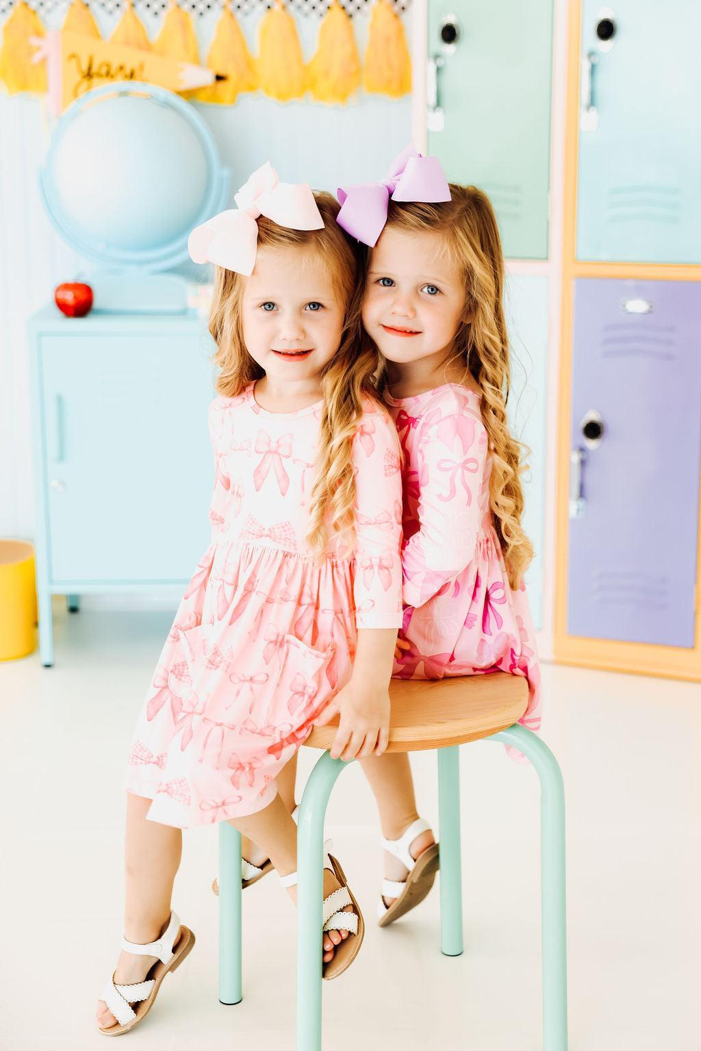 Blushing Bows 3/4 Sleeve Pocket Twirl Dress