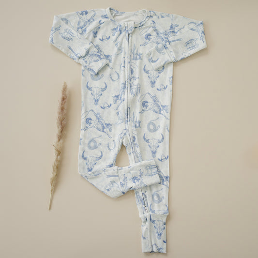Cowboy Blues Ribbed Bamboo Zippy Romper