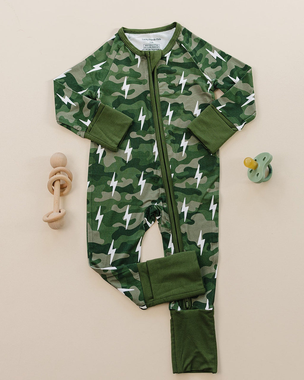 Bamboo Zip Romper | Green Camo Bolts