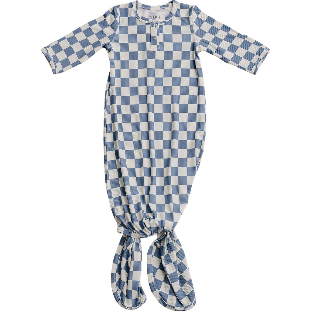 Blue Checkered Ribbed Bamboo Knot Gown