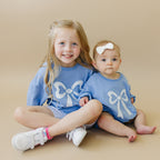 Blue Toile Applique Bow Sweatshirt Romper or Crewneck