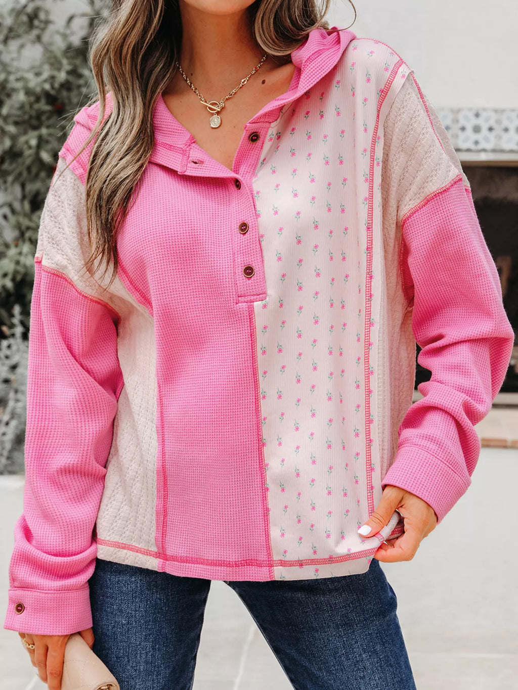 Waffle Floral Patchwork Hooded Oversize Pullover