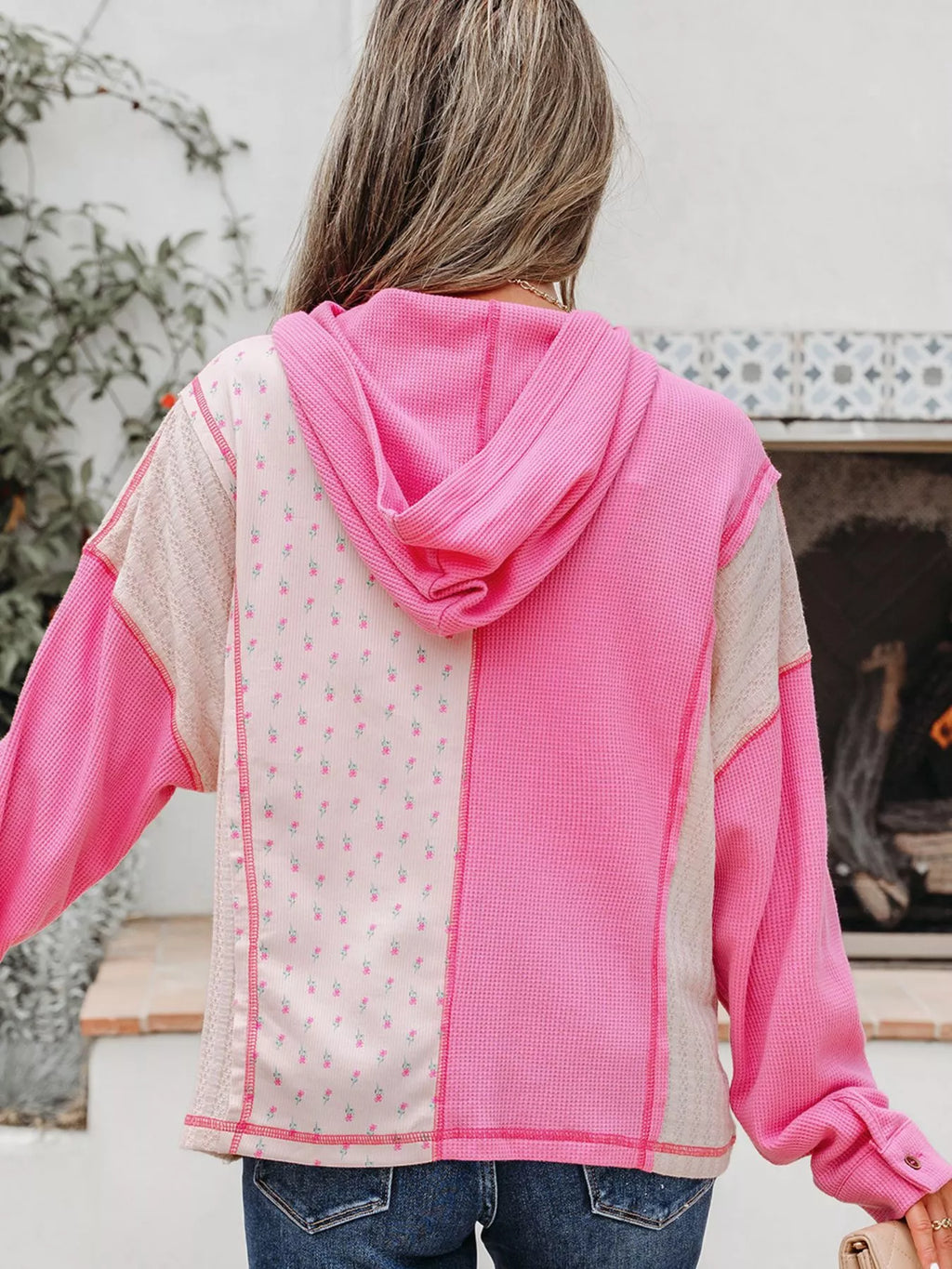 Waffle Floral Patchwork Hooded Oversize Pullover