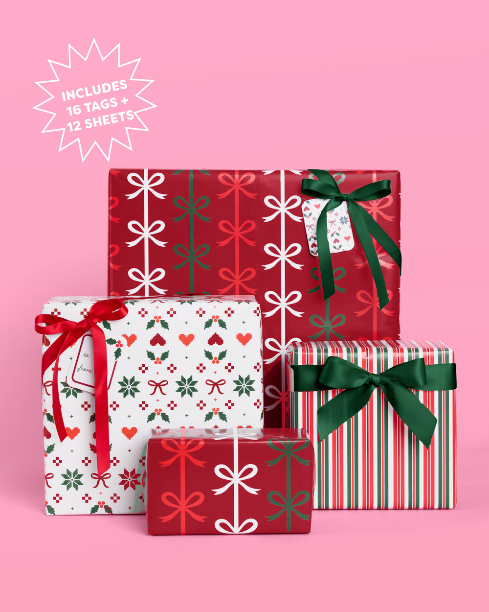 A Merry Mix Wrapping Paper Set - 12 sheets + 16 tags